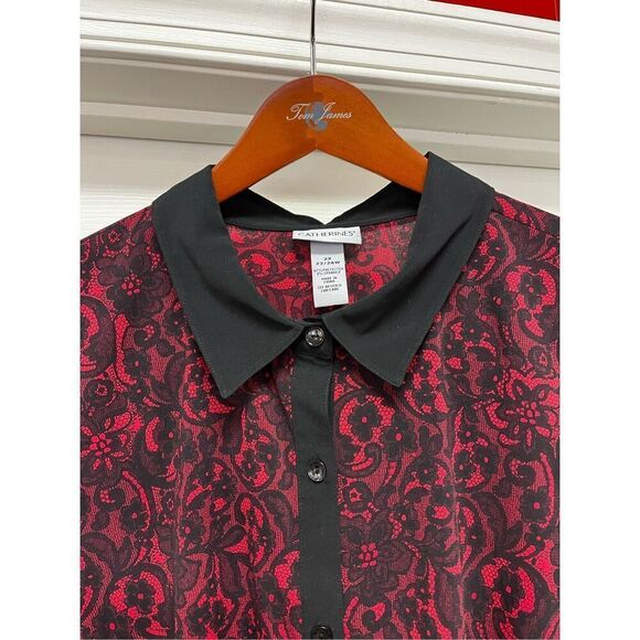 Catherine’s Red & Black Lace Print Button Down Tab Sleeve Top sz 2X - Picture 2 of 8
